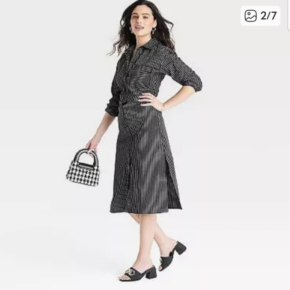 a new day Black and White Striped Button-Down Shirt Dress